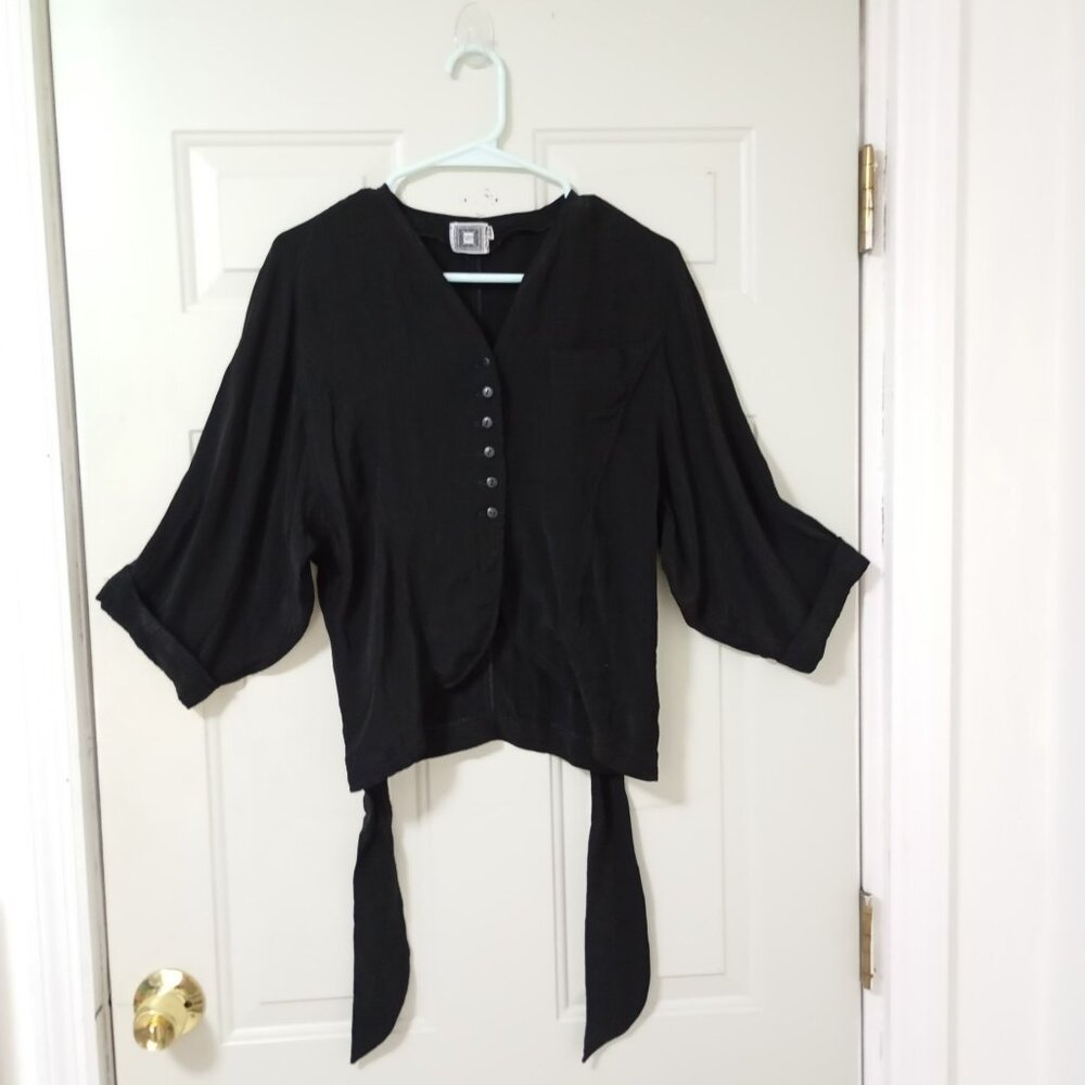Ivana Beni Black Button-Up Blouse Size (S) 44 V-Neck Tie Waist 3/4 Sleeves